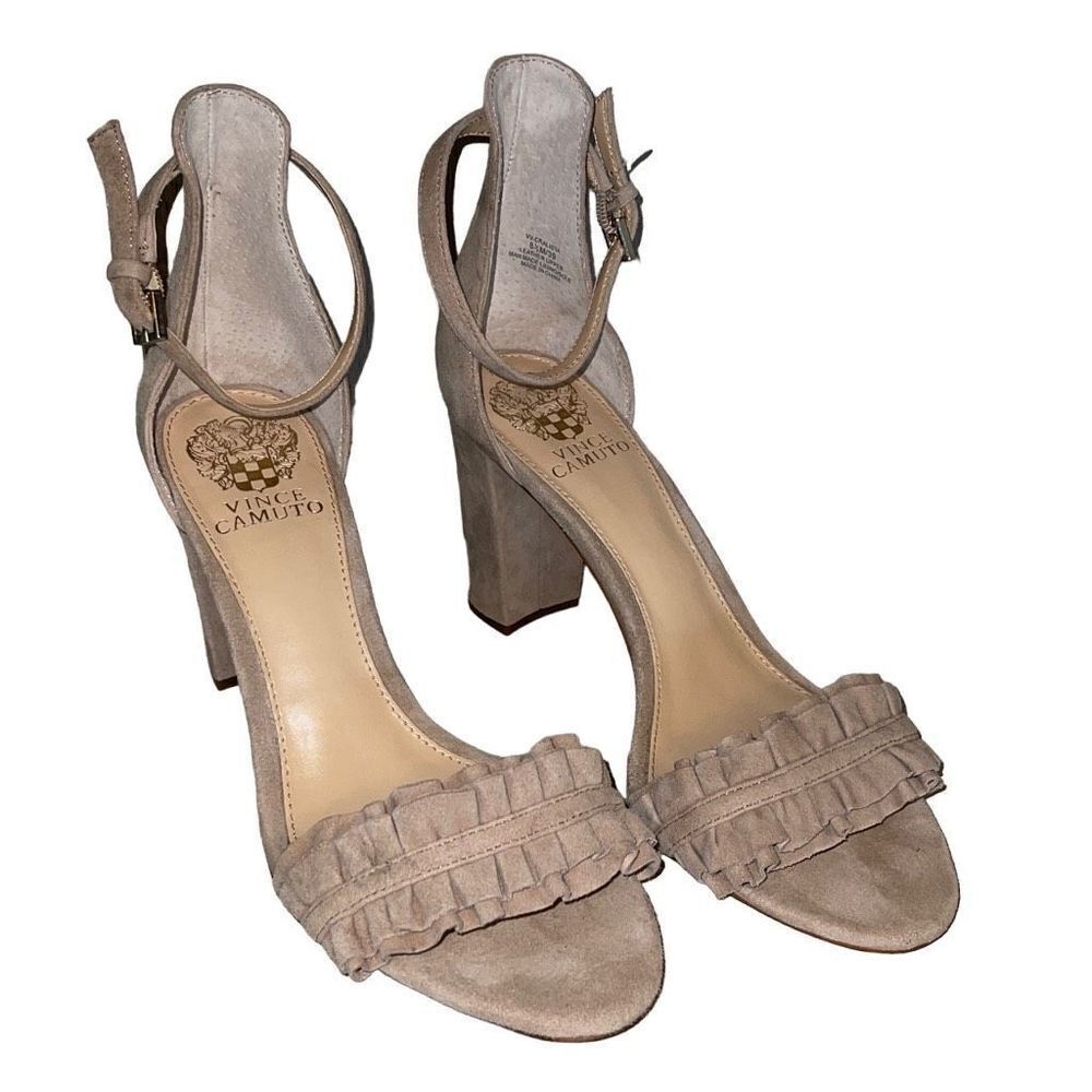 Vince Camuto Ruffle Suede Block Heel Sandals